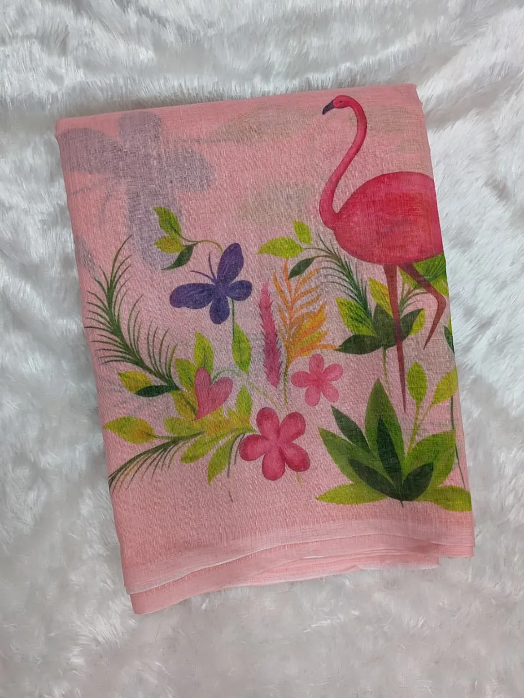 Blush Pink Flamingo Floral Print Linen Cotton Saree