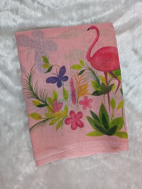 Blush Pink Flamingo Floral Print Linen Cotton Saree