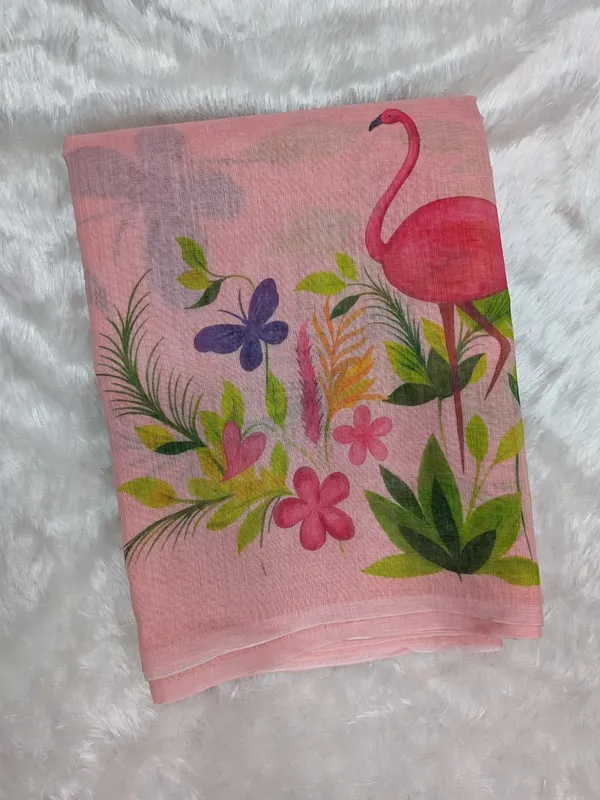 Blush Pink Flamingo Floral Print Linen Cotton Saree