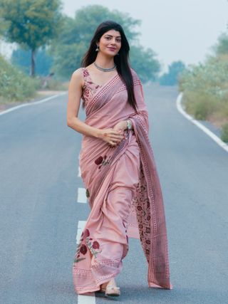 Dusty Rose Floral Print Linen Cotton Saree with Maroon Border