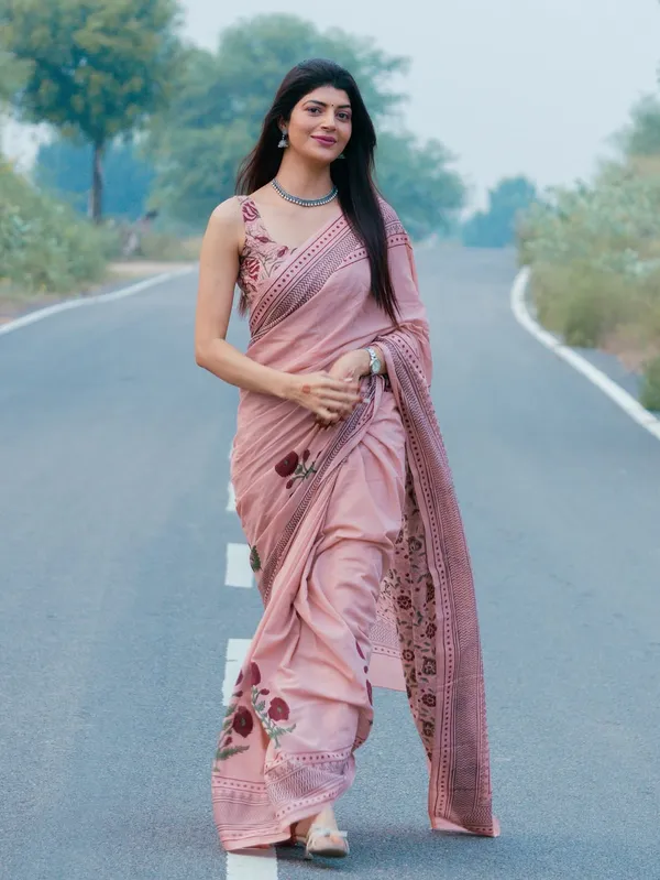 Dusty Rose Floral Print Linen Cotton Saree with Maroon Border