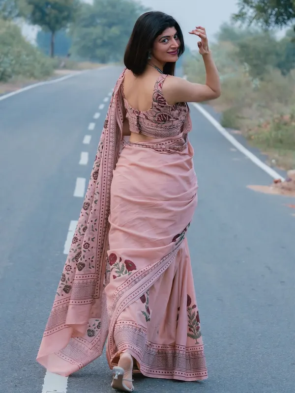 Dusty Rose Floral Print Linen Cotton Saree with Maroon Border