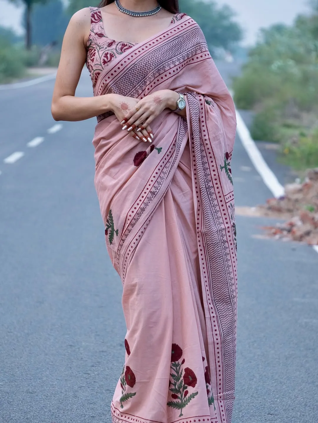 Dusty Rose Floral Print Linen Cotton Saree with Maroon Border
