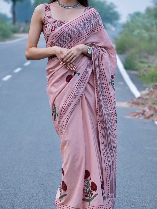 Dusty Rose Floral Print Linen Cotton Saree with Maroon Border