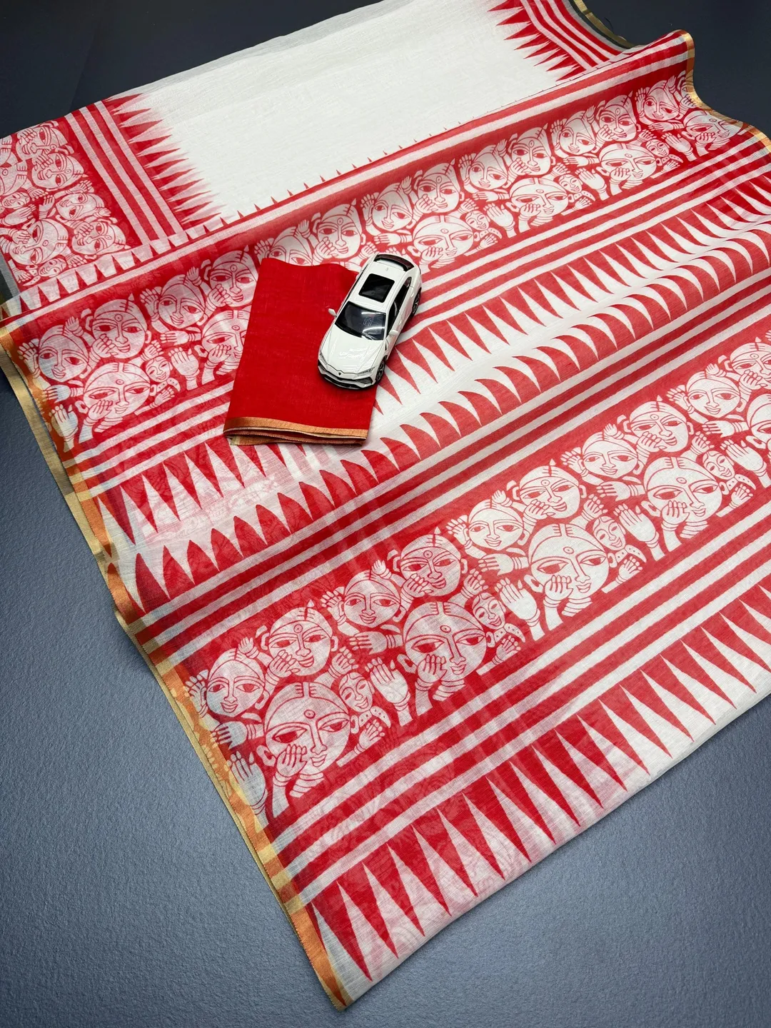 Ivory Red Folk Art Print Linen Cotton Saree