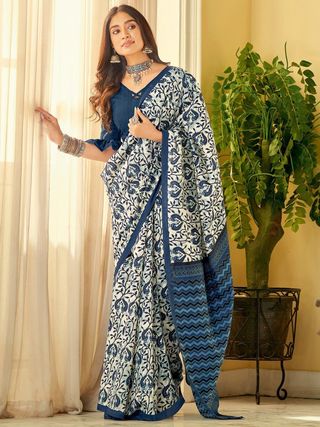 Ivory Indigo Floral Linen Cotton Saree with Chevron Pallu