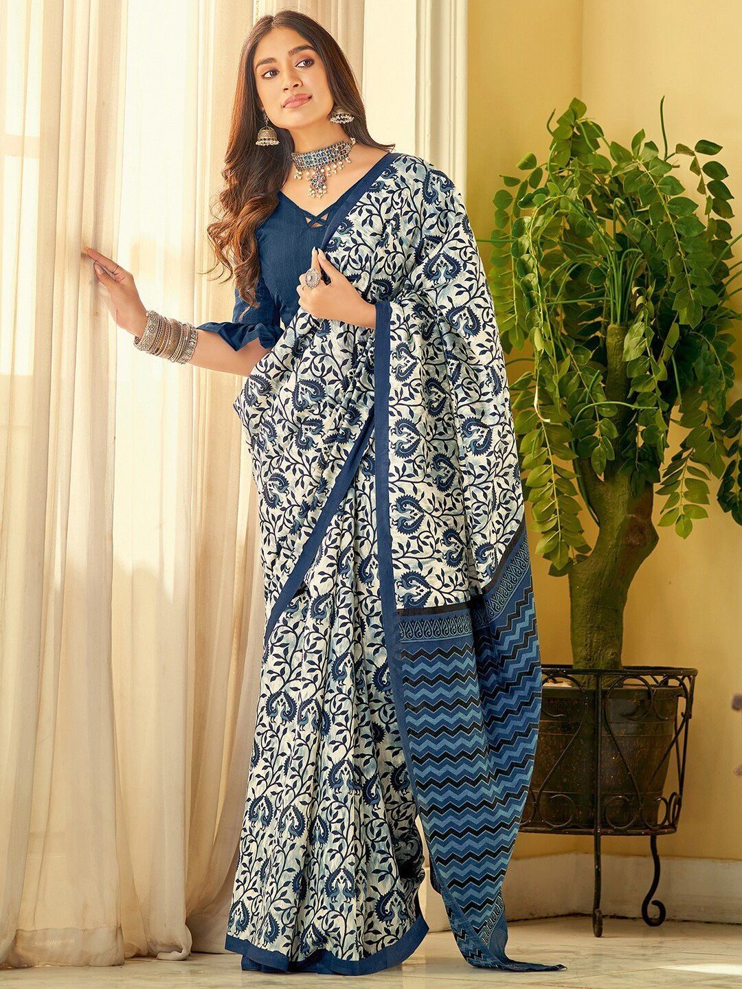 Ivory Indigo Floral Linen Cotton Saree with Chevron Pallu