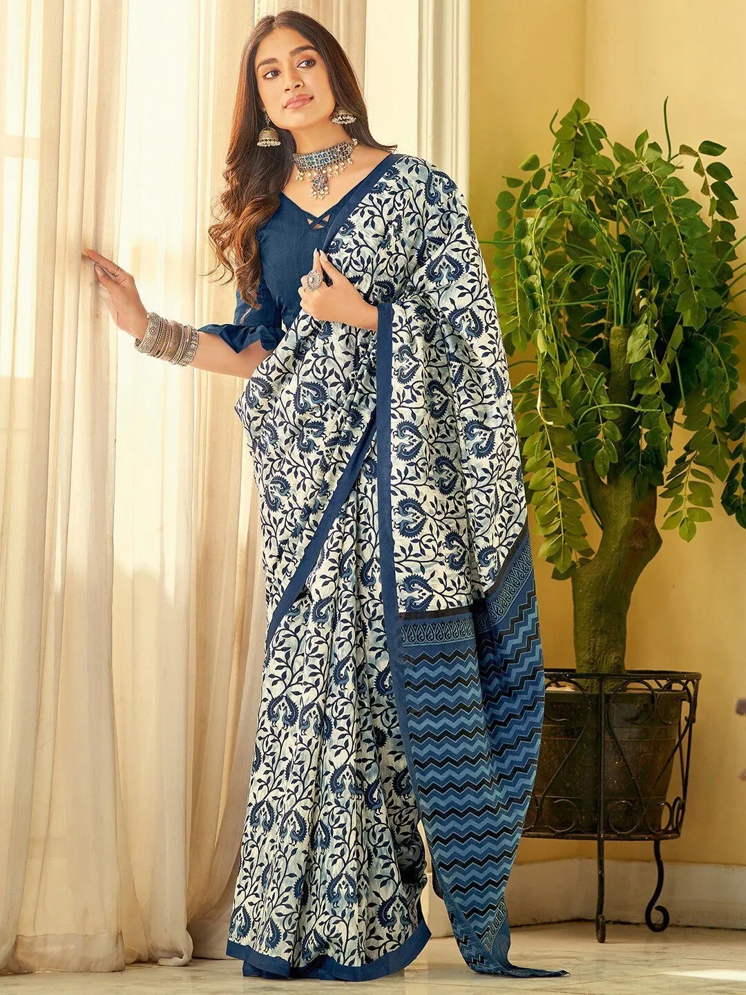 Ivory Indigo Floral Linen Cotton Saree with Chevron Pallu