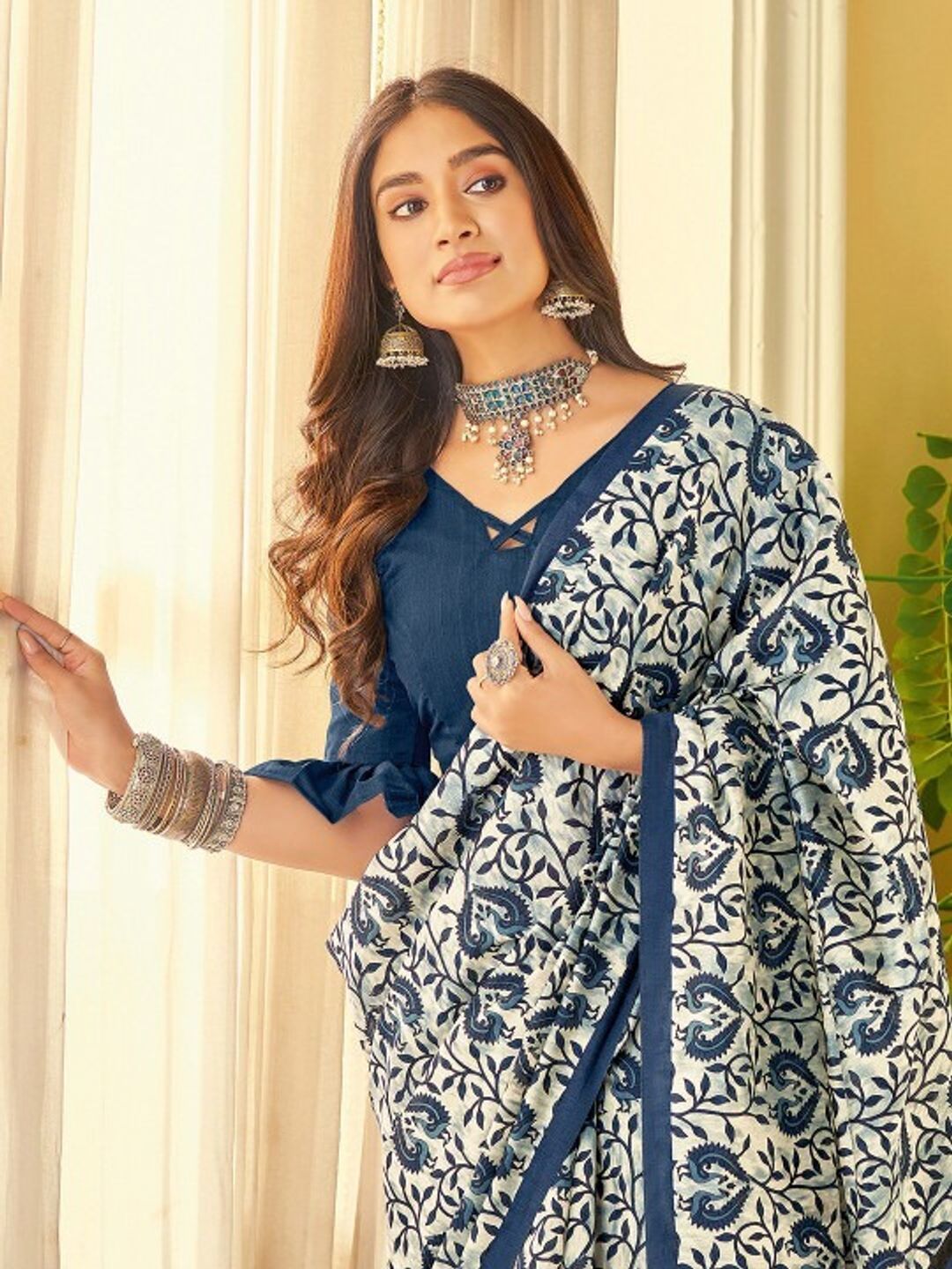 Ivory Indigo Floral Linen Cotton Saree with Chevron Pallu