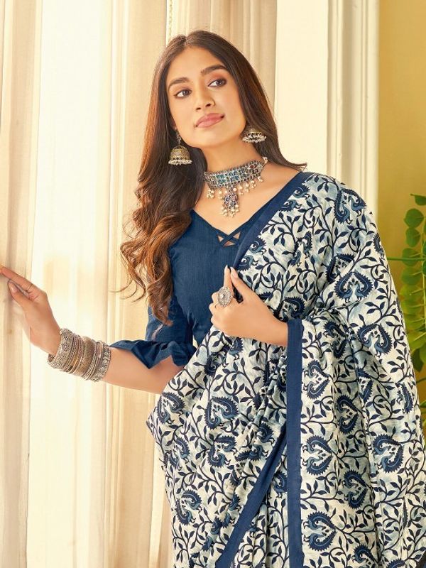 Ivory Indigo Floral Linen Cotton Saree with Chevron Pallu