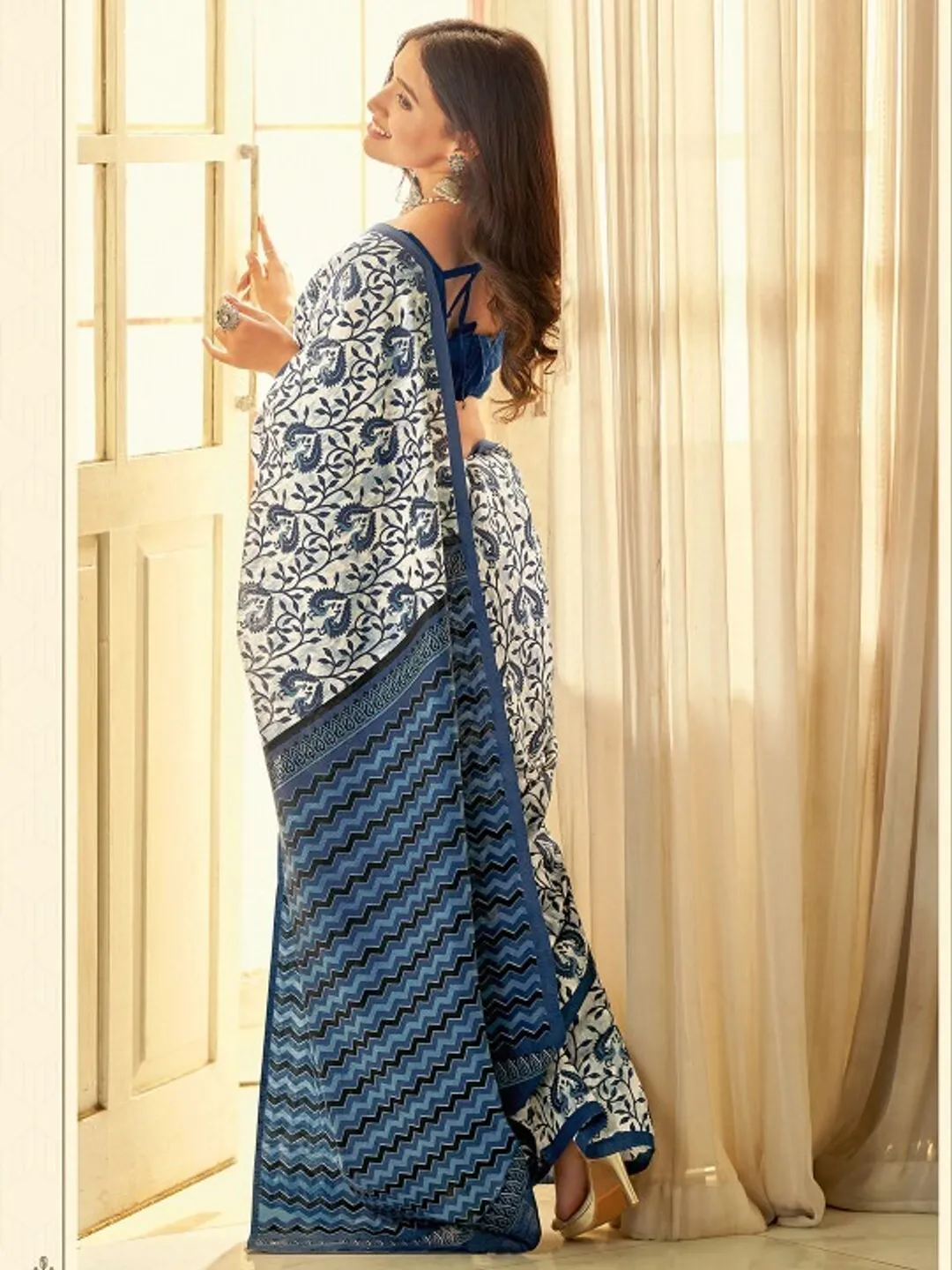 Ivory Indigo Floral Linen Cotton Saree with Chevron Pallu