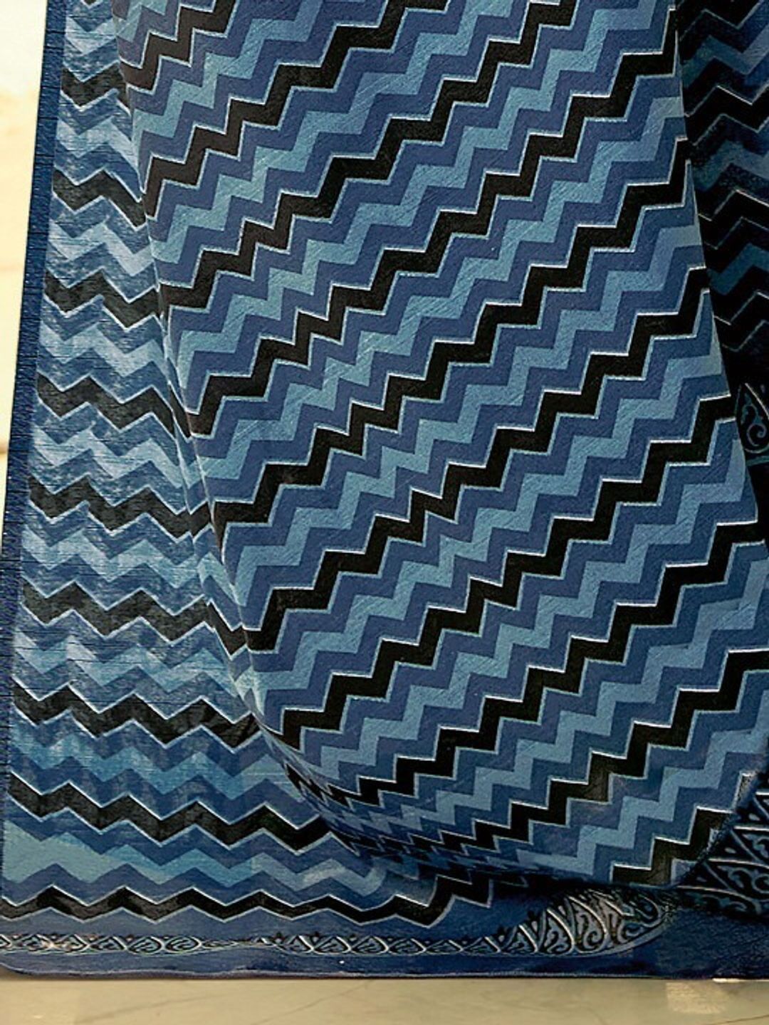 Ivory Indigo Floral Linen Cotton Saree with Chevron Pallu