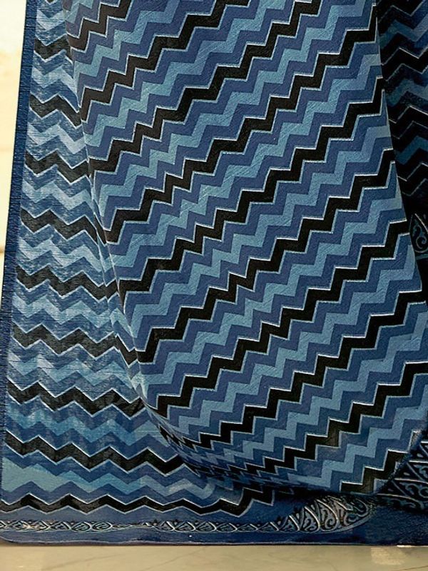 Ivory Indigo Floral Linen Cotton Saree with Chevron Pallu