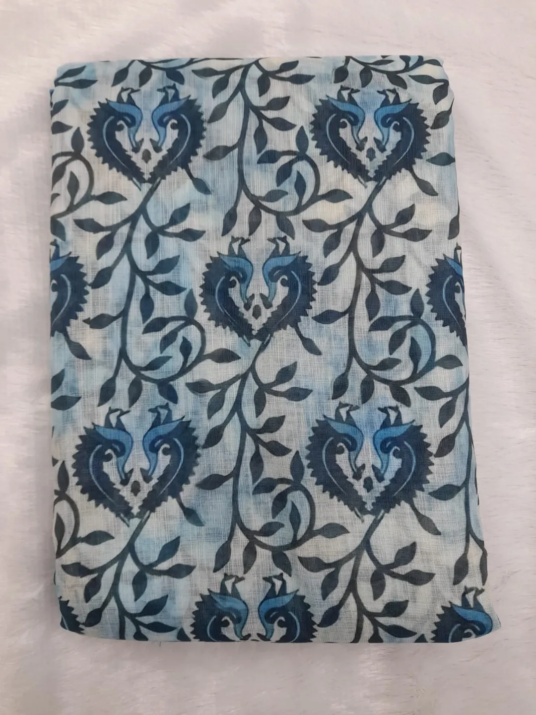 Ivory Indigo Floral Linen Cotton Saree with Chevron Pallu