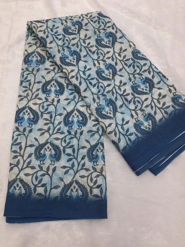 Ivory Indigo Floral Linen Cotton Saree with Chevron Pallu