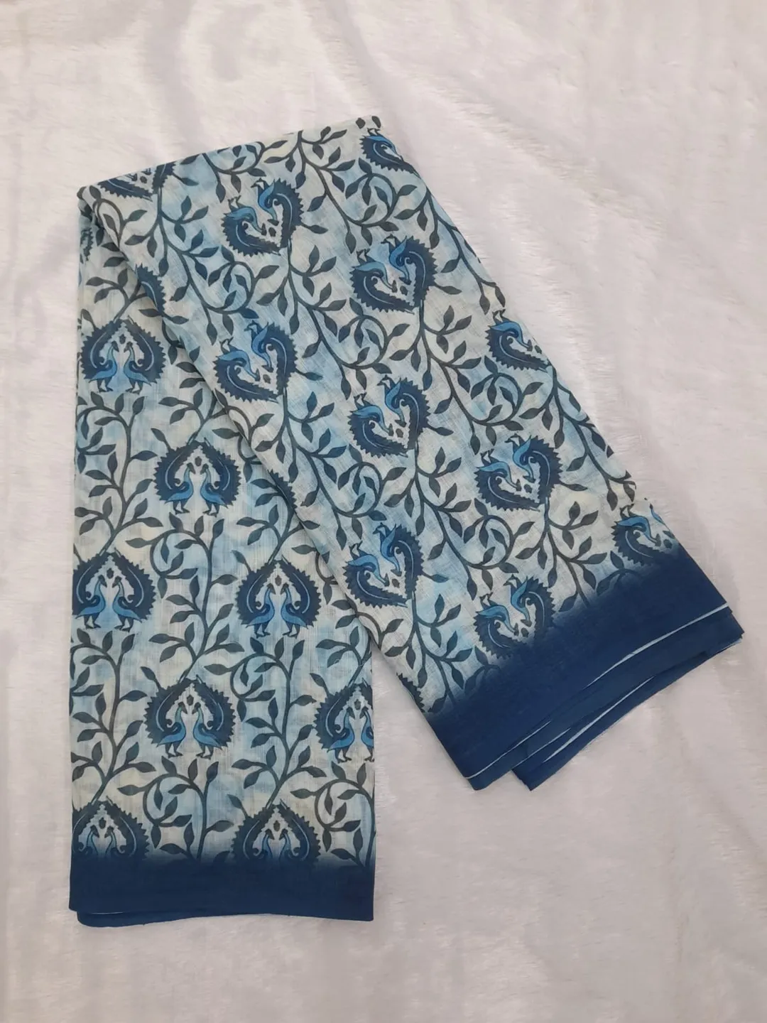 Ivory Indigo Floral Linen Cotton Saree with Chevron Pallu