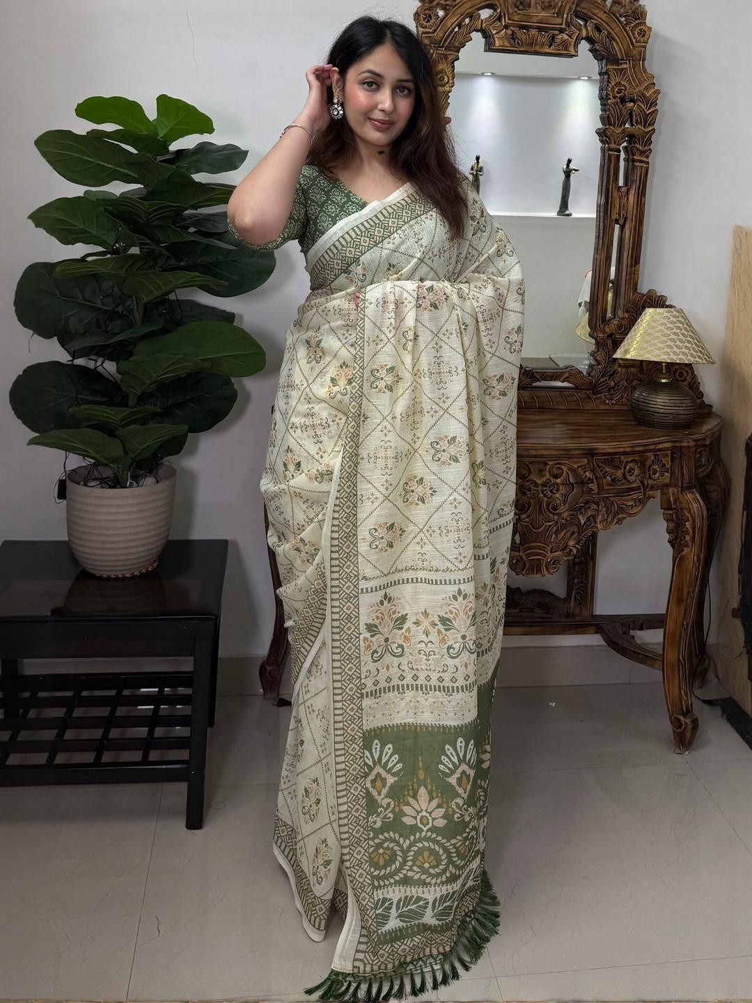 Ivory Olive Floral Linen Cotton Saree with Tasselled Pallu