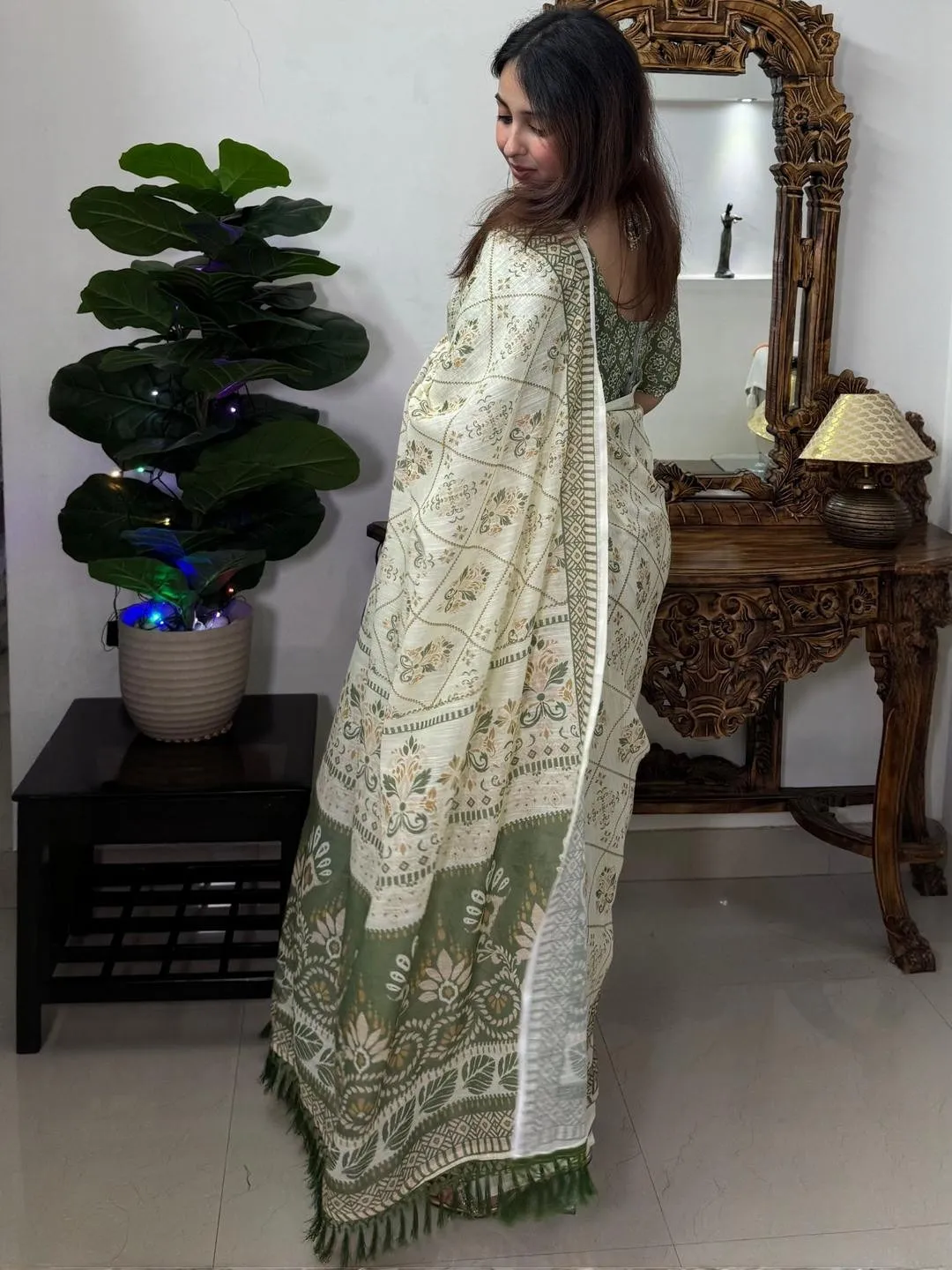 Ivory Olive Floral Linen Cotton Saree with Tasselled Pallu