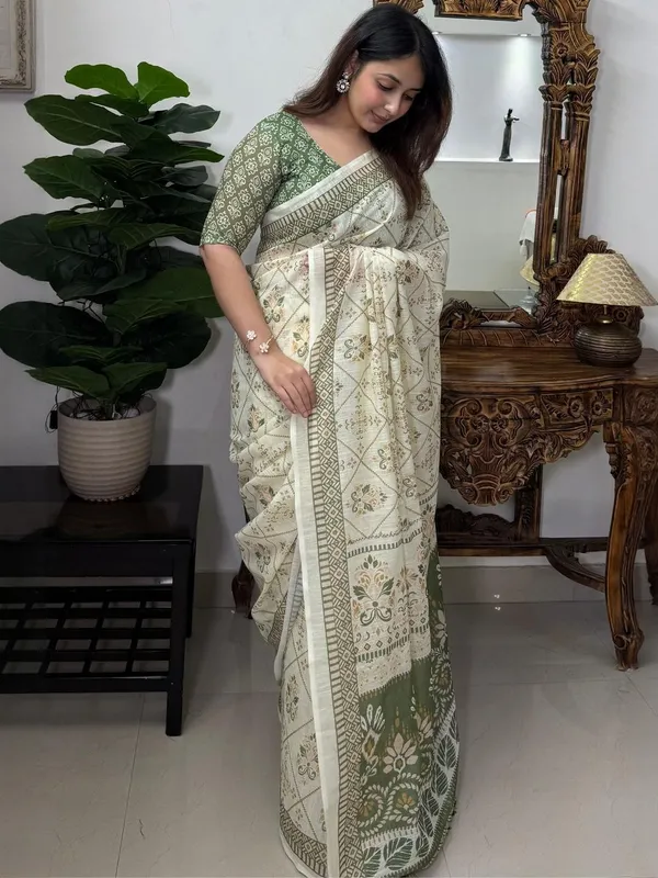 Ivory Olive Floral Linen Cotton Saree with Tasselled Pallu