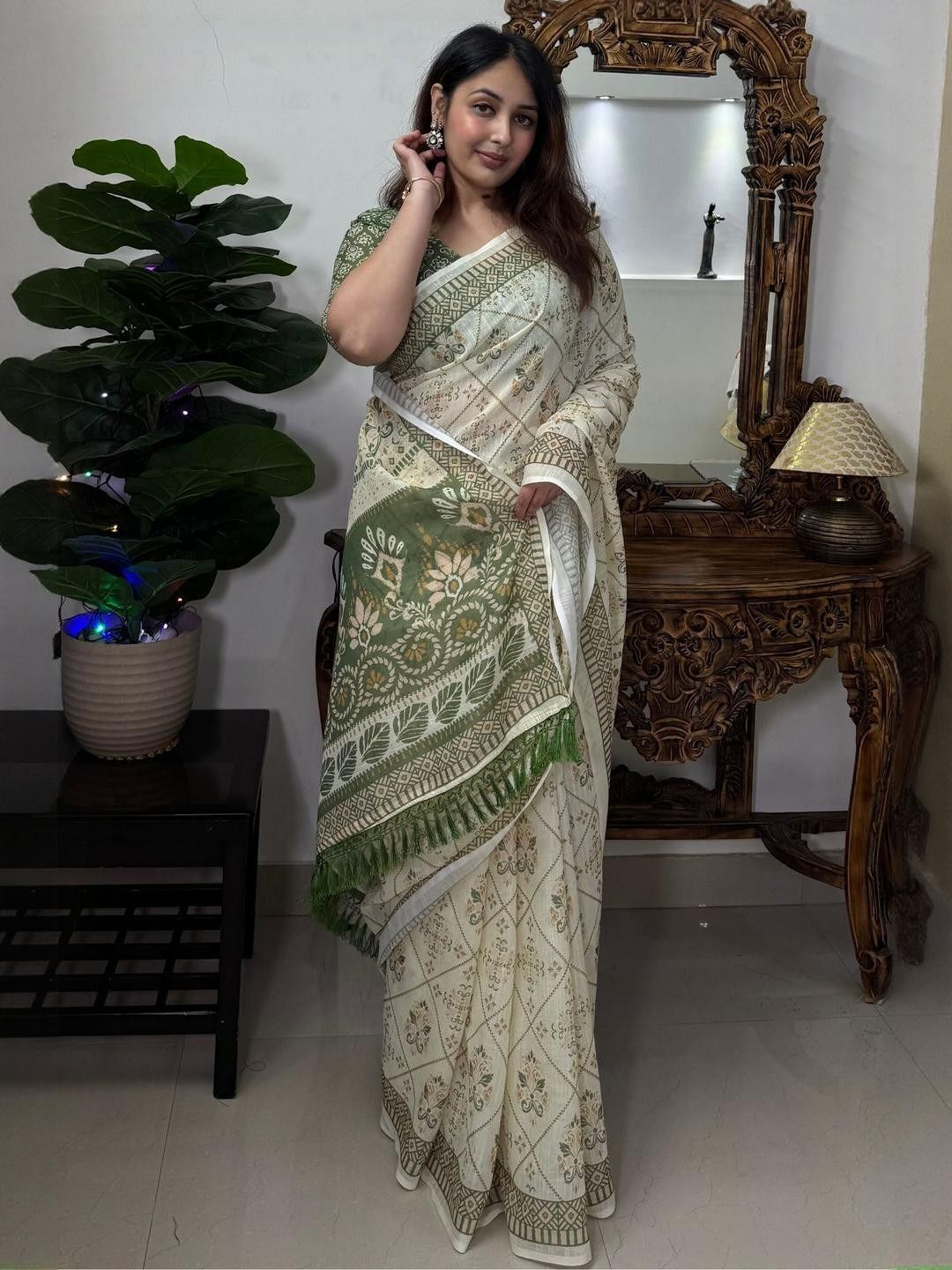Ivory Olive Floral Linen Cotton Saree with Tasselled Pallu