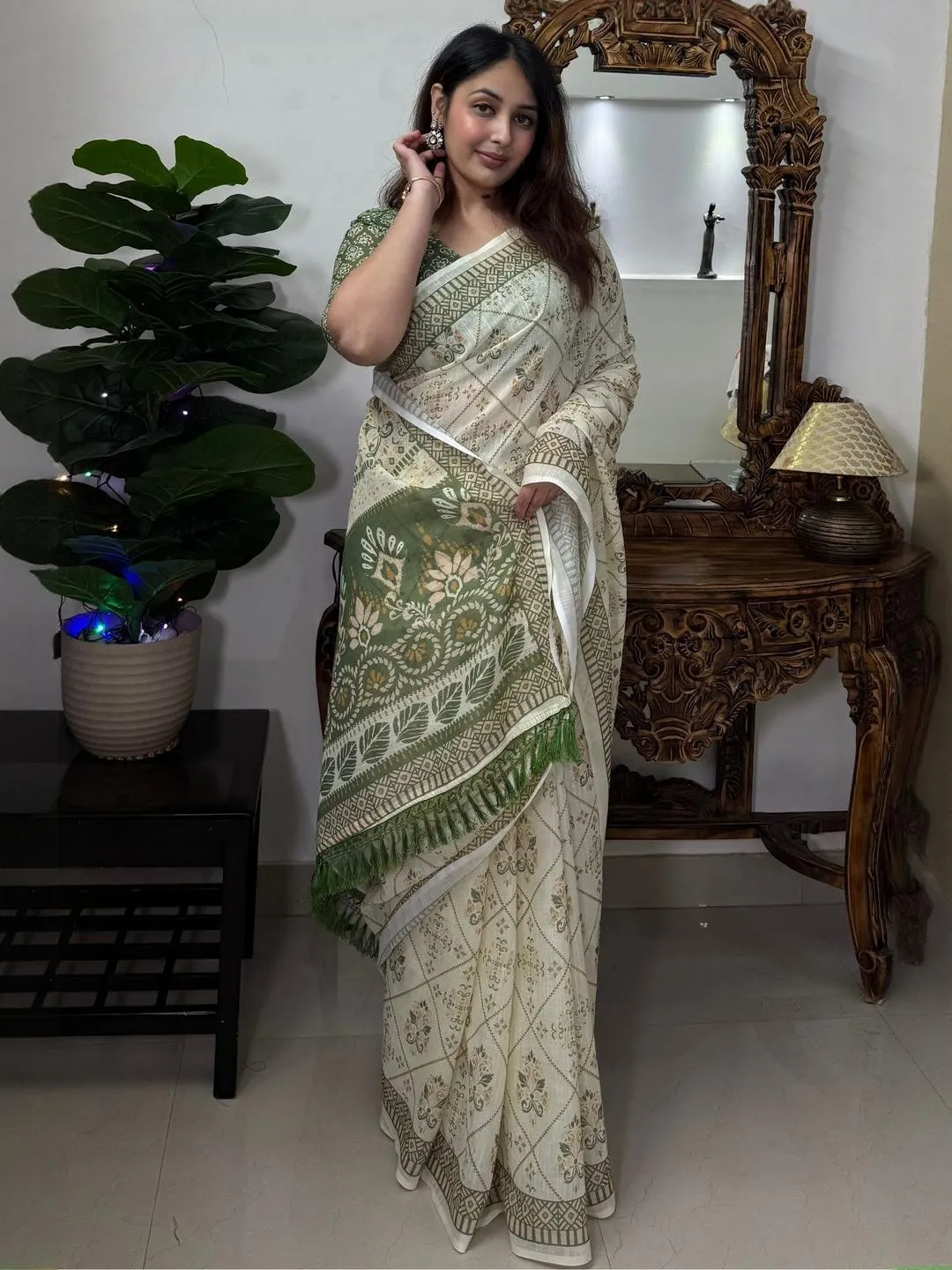 Ivory Olive Floral Linen Cotton Saree with Tasselled Pallu