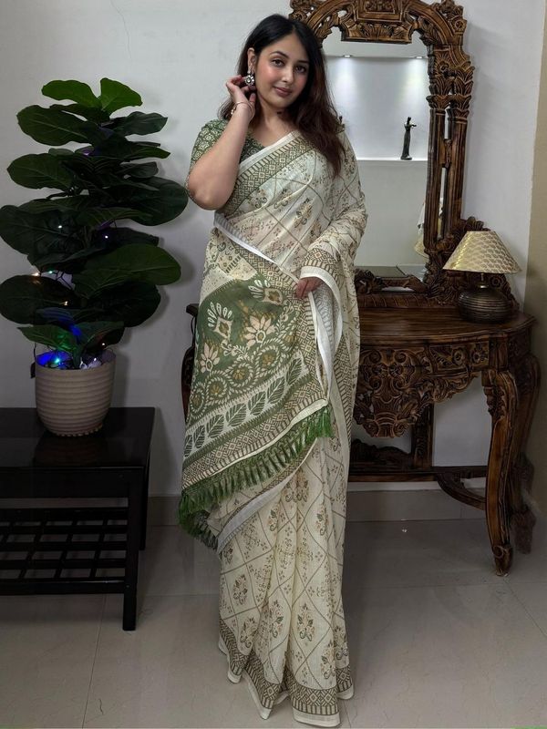 Ivory Olive Floral Linen Cotton Saree with Tasselled Pallu