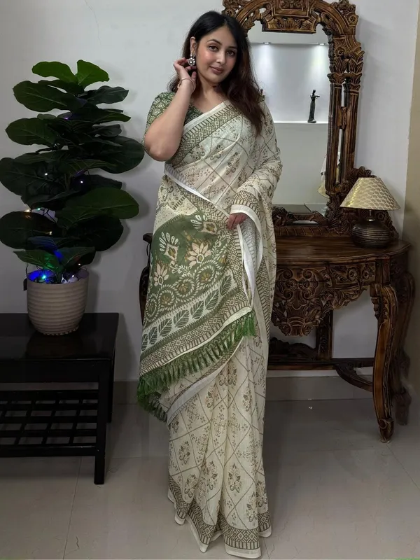 Ivory Olive Floral Linen Cotton Saree with Tasselled Pallu