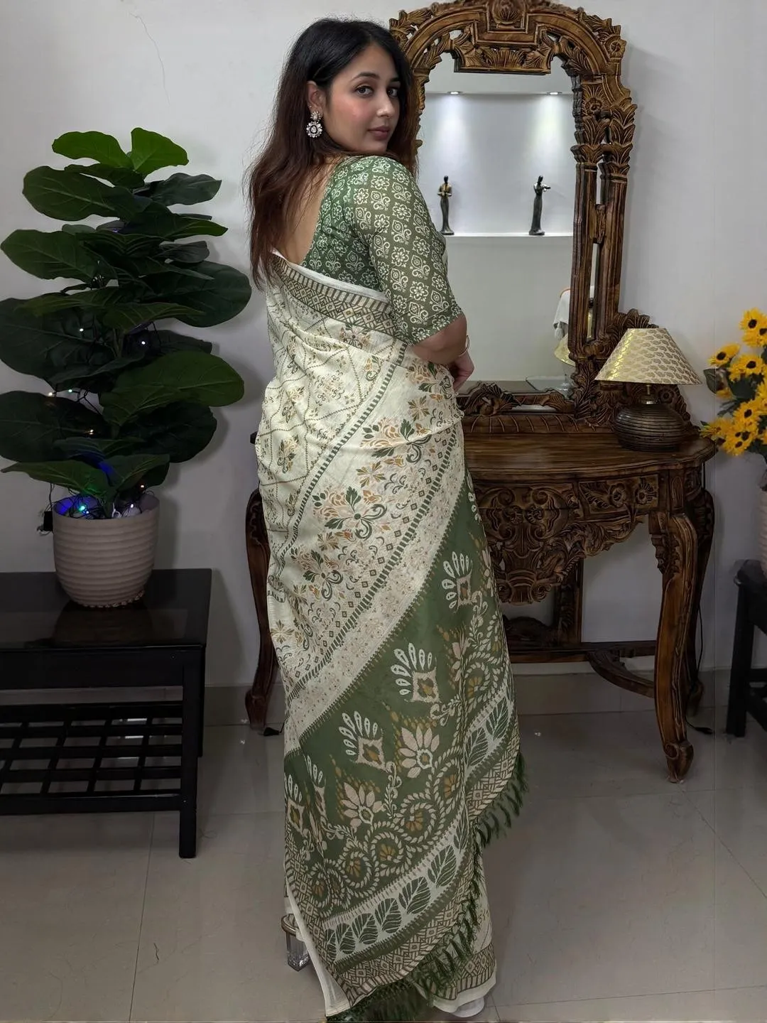 Ivory Olive Floral Linen Cotton Saree with Tasselled Pallu