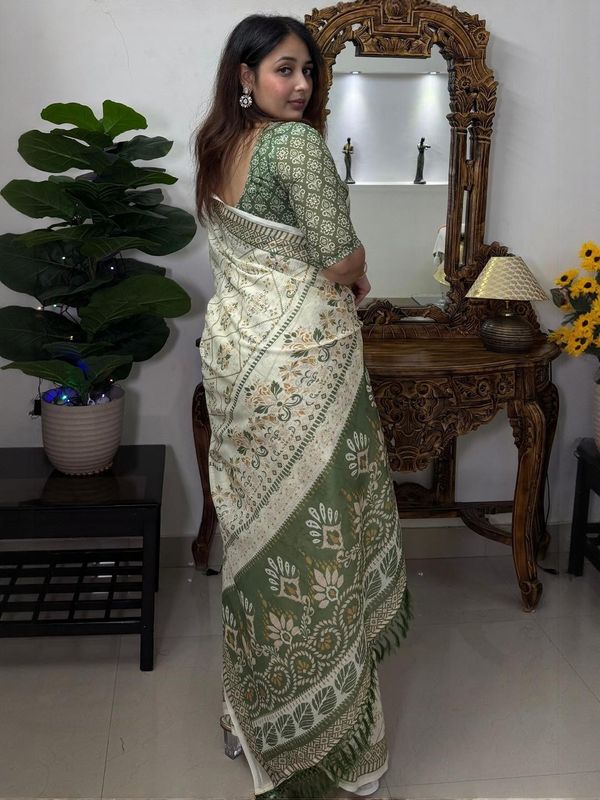 Ivory Olive Floral Linen Cotton Saree with Tasselled Pallu