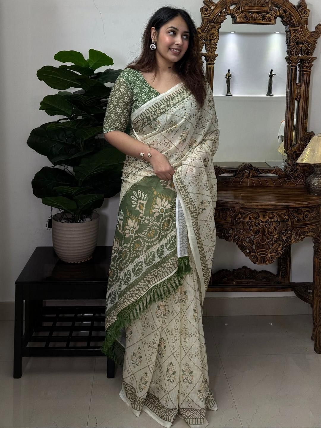 Ivory Olive Floral Linen Cotton Saree with Tasselled Pallu