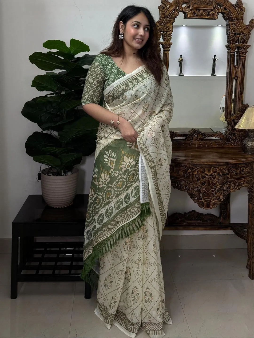 Ivory Olive Floral Linen Cotton Saree with Tasselled Pallu