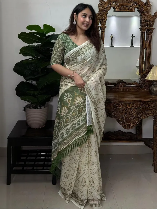 Ivory Olive Floral Linen Cotton Saree with Tasselled Pallu