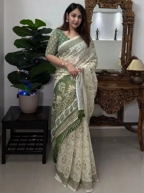 Ivory Olive Floral Linen Cotton Saree with Tasselled Pallu