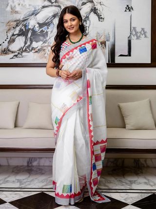 Multicolor Linen Cotton Floral Saree with Blouse Online