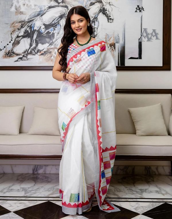 Multicolor Linen Cotton Floral Saree with Blouse Online