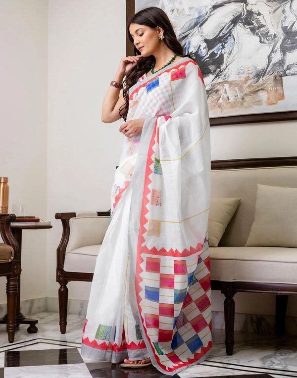 Multicolor Linen Cotton Floral Saree with Blouse Online