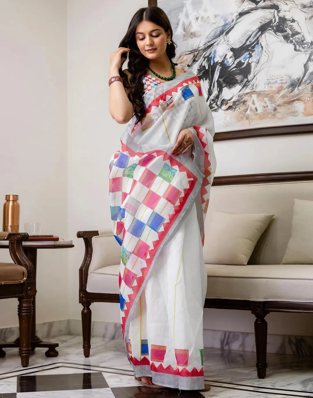 Multicolor Linen Cotton Floral Saree with Blouse Online