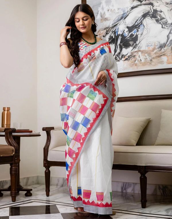 Multicolor Linen Cotton Floral Saree with Blouse Online