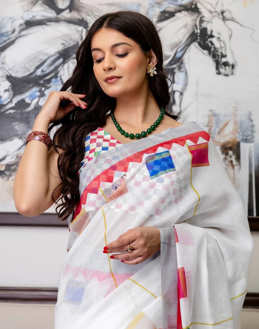 Multicolor Linen Cotton Floral Saree with Blouse Online