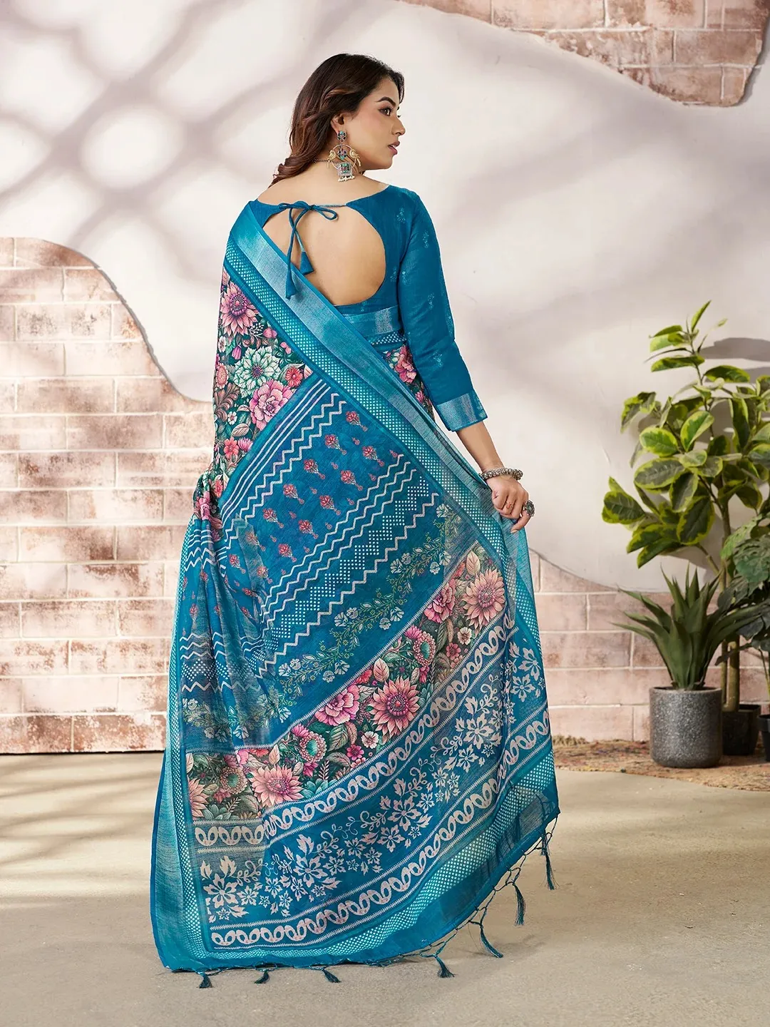 Blue Linen Cotton Floral Printed Saree With Contrast Border