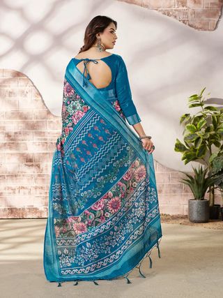Blue Linen Cotton Floral Printed Saree With Contrast Border