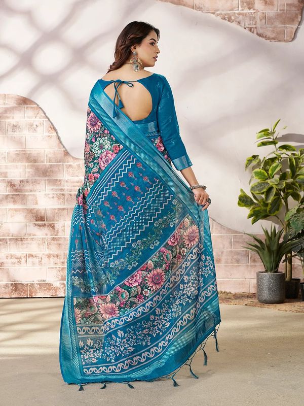 Blue Linen Cotton Floral Printed Saree With Contrast Border