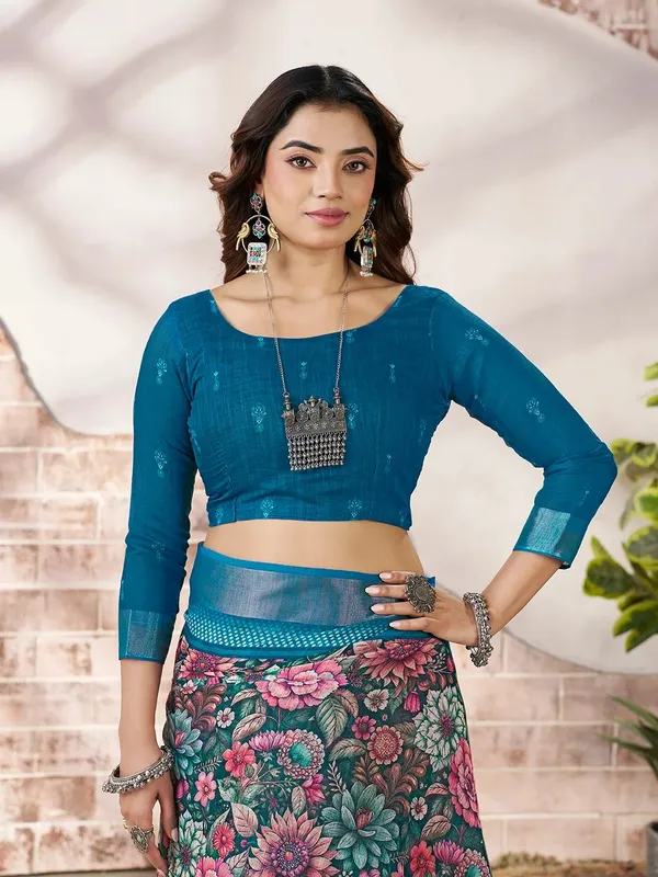 Blue Linen Cotton Floral Printed Saree With Contrast Border