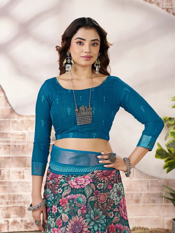 Blue Linen Cotton Floral Printed Saree With Contrast Border