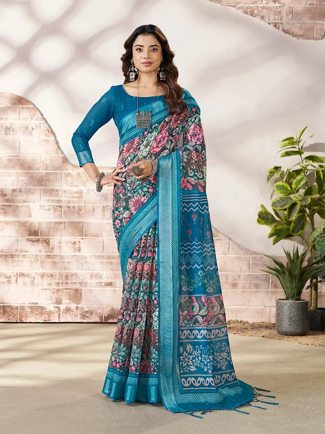 Blue Linen Cotton Floral Printed Saree With Contrast Border