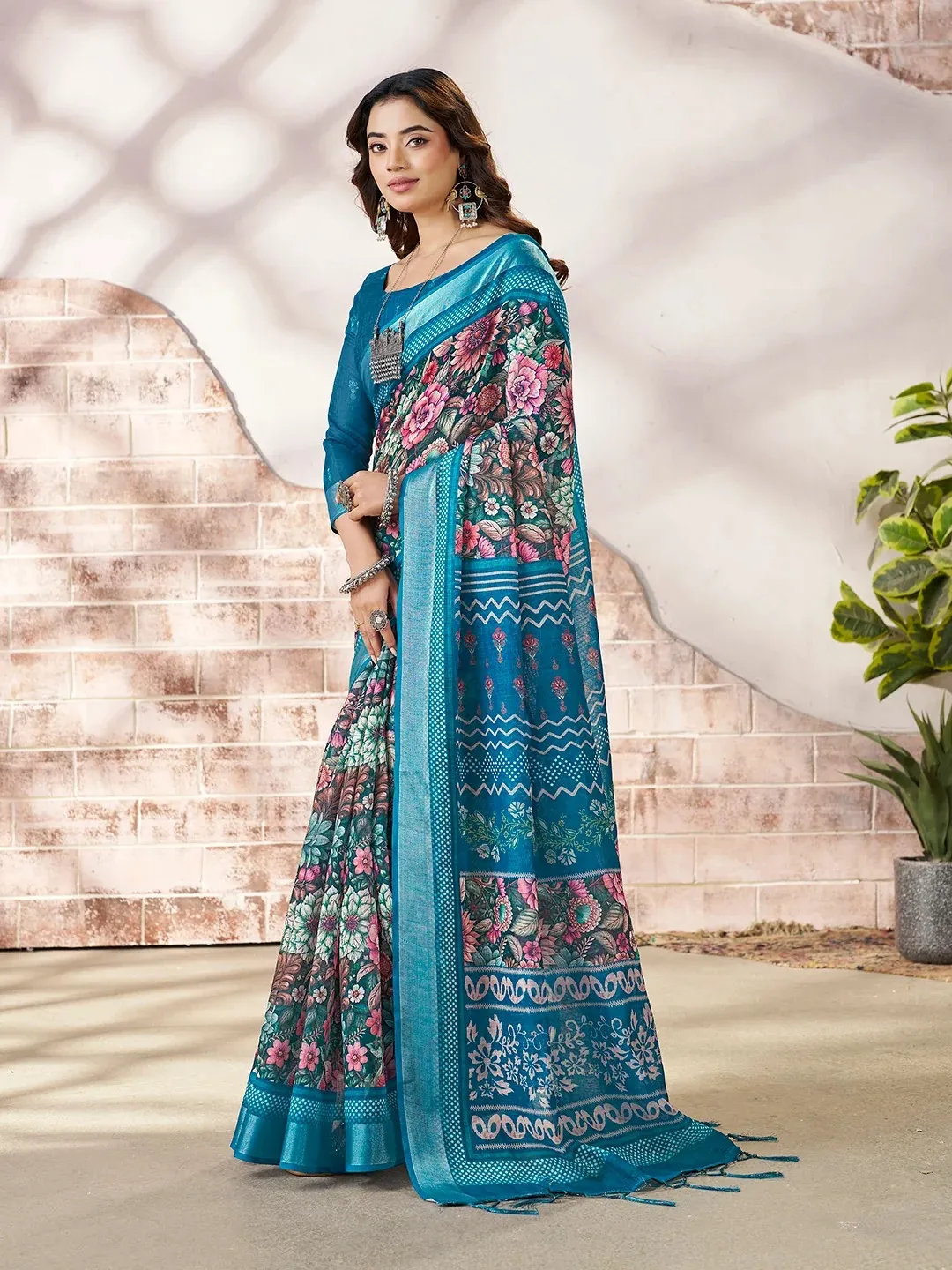 Blue Linen Cotton Floral Printed Saree With Contrast Border