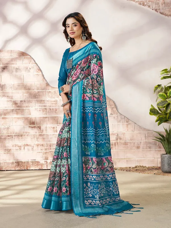 Blue Linen Cotton Floral Printed Saree With Contrast Border