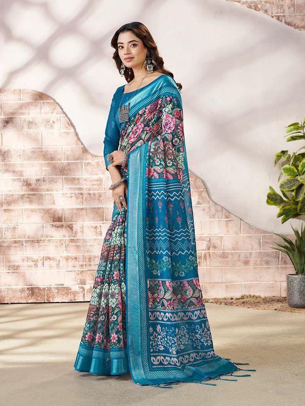 Blue Linen Cotton Floral Printed Saree With Contrast Border