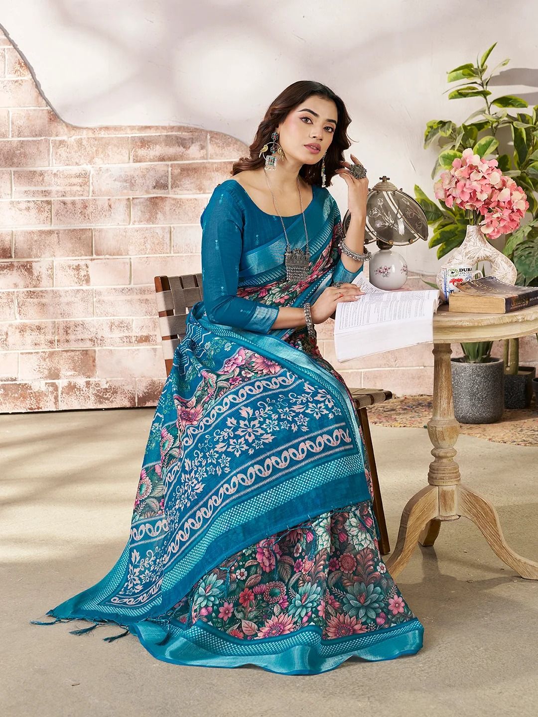 Blue Linen Cotton Floral Printed Saree With Contrast Border