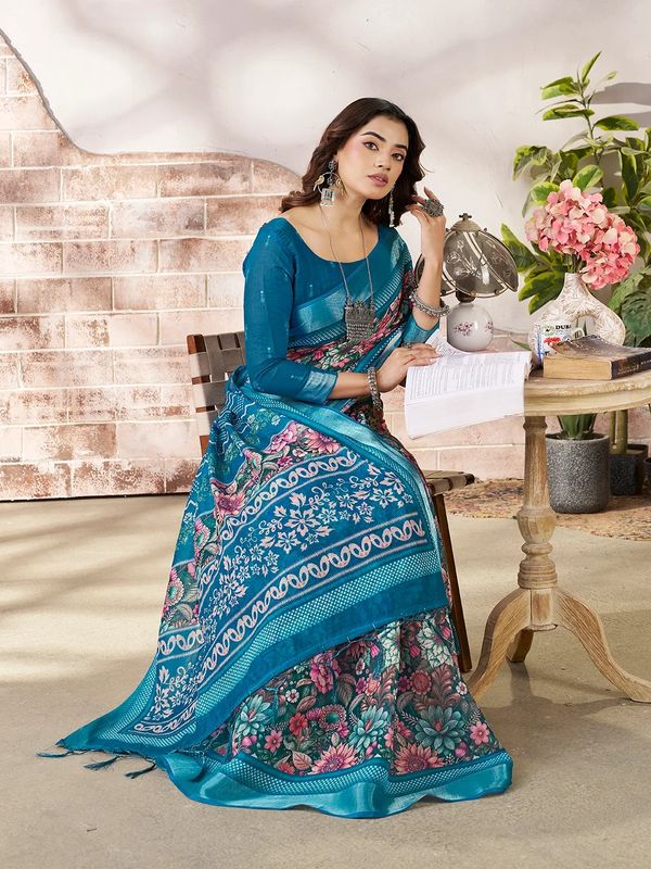 Blue Linen Cotton Floral Printed Saree With Contrast Border